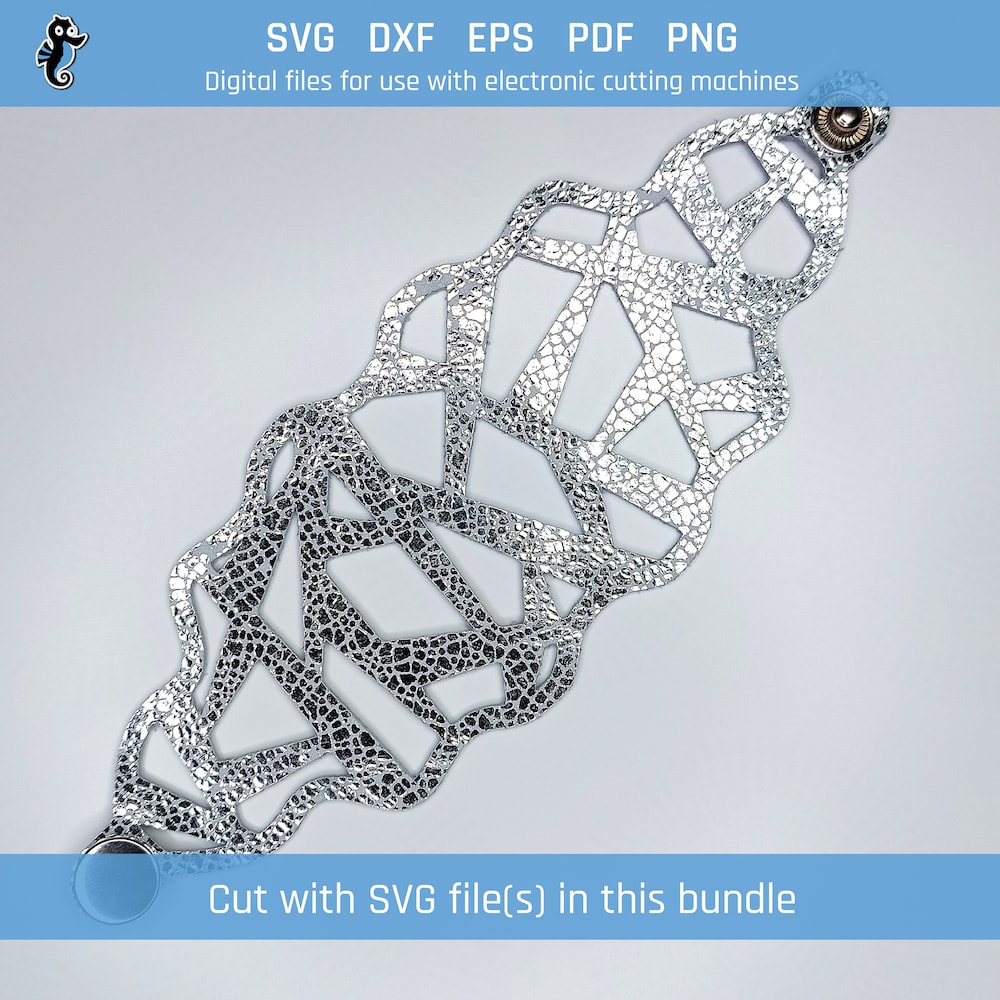 Assorted pattern bracelet bundle demo 6 Example of a leather bracelet cut from an SVG design file in this bundle. The design is features a strobe light pattern.