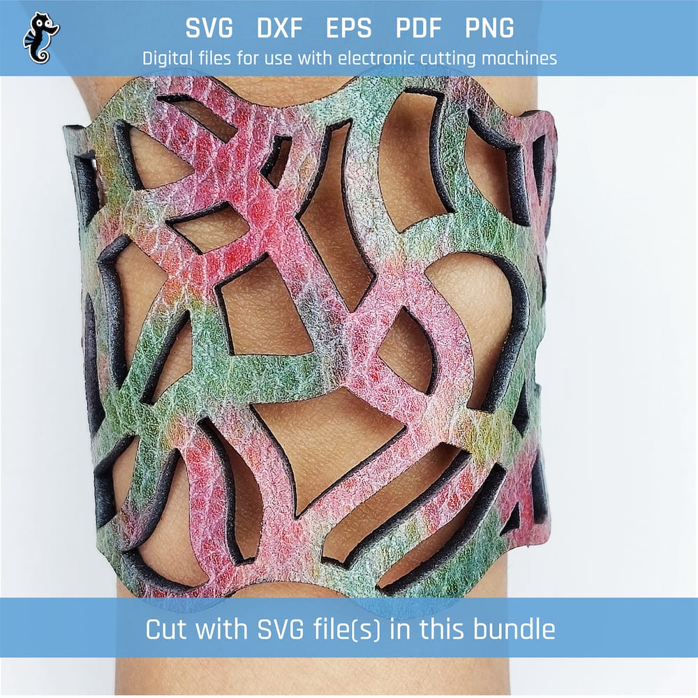 Assorted pattern bracelet bundle B21 demo 2 Example of a leather bracelet cut from an SVG design file in this bundle. The design is features a squiggly pattern.