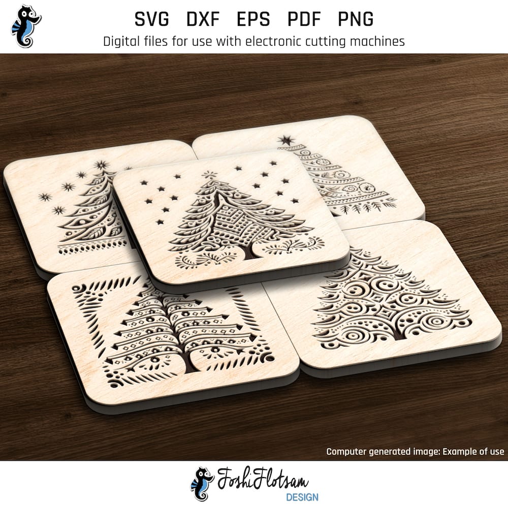 Coaster SVG - Christmas tree SVG coaster bundle image 3 Third 5 of 25 Christmas tree coasters included in this coaster SVG bundle.