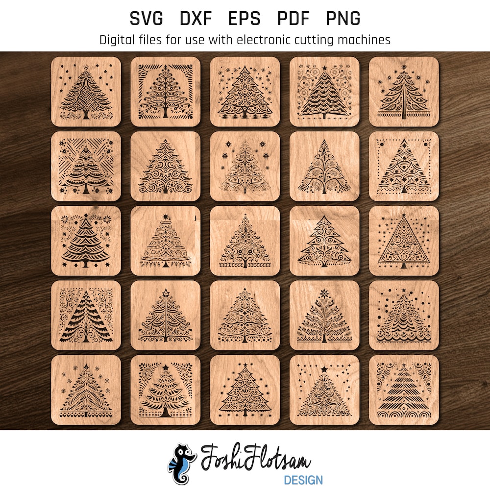 Coaster SVG - Christmas tree SVG coaster bundle image 6 All 25 Christmas tree coaster SVG designs shown on one page as digital, stylized coaster SVGs.