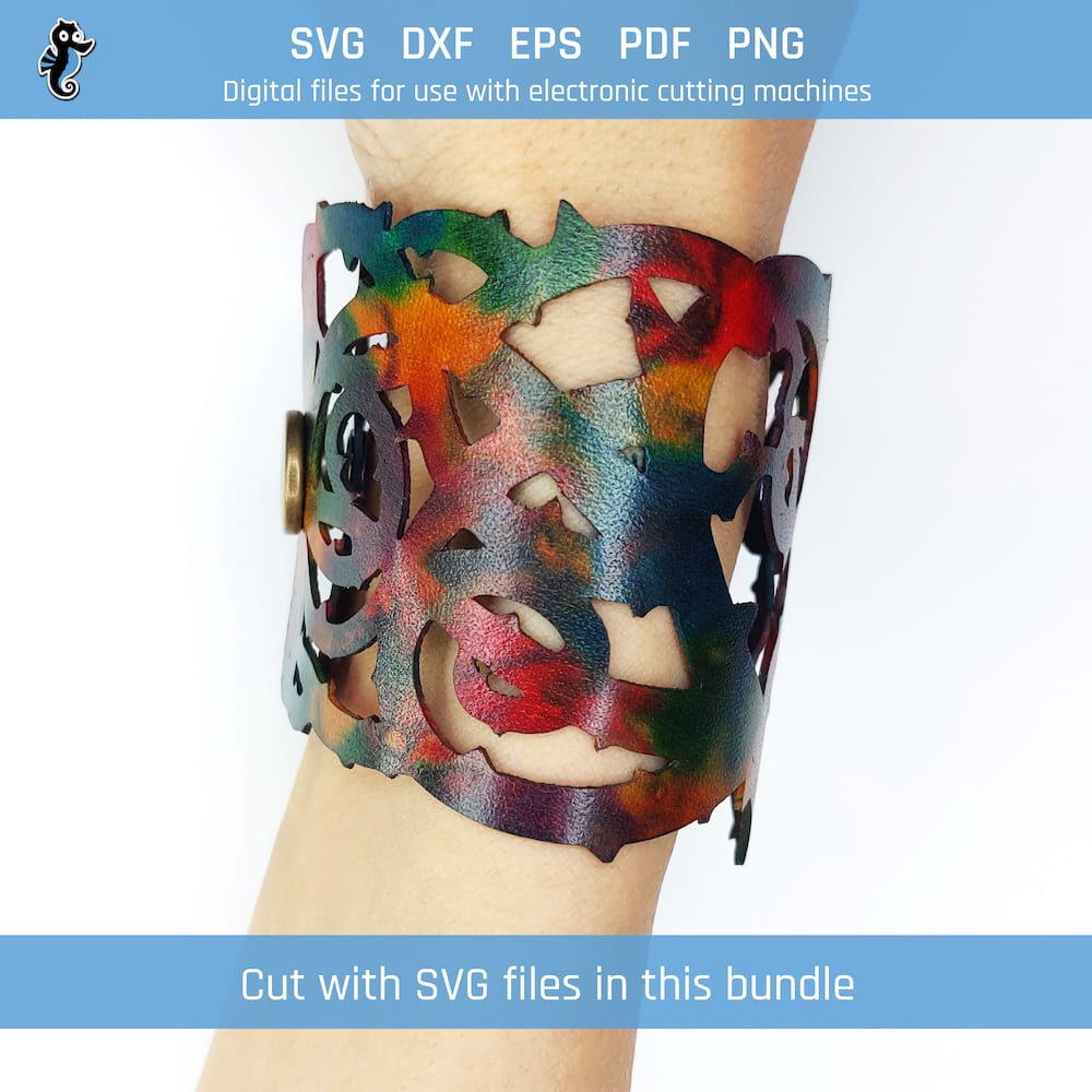 Thorns bracelet bundle demo 5 Example of thorny heart leather bracelet cut from SVG design file in this bundle.