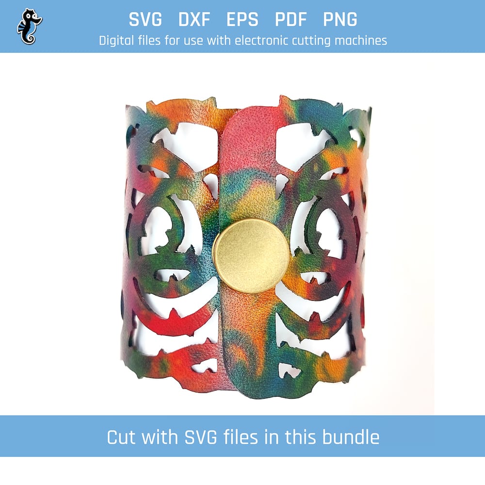 Thorns bracelet bundle demo 6 Example of thorny heart leather bracelet cut from SVG design file in this bundle.