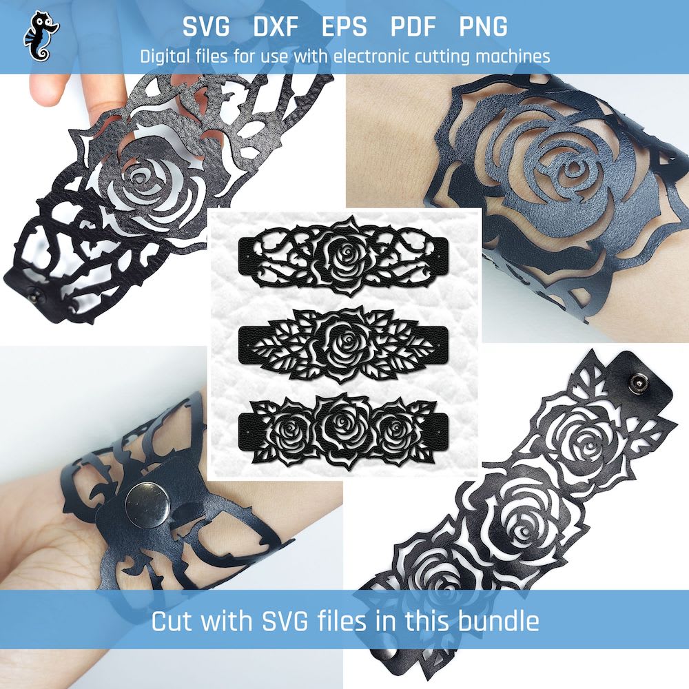 Bracelet SVG - Rose SVG bracelet bundle 2 3 rose bracelet SVG cut file designs, including variations with thorns and leaves.