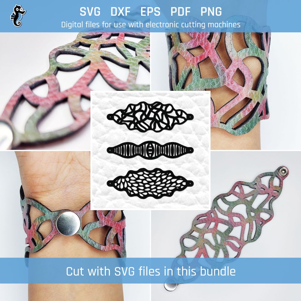 Bracelet SVG - Pattern SVG bracelet bundle 2 2 3 bracelet SVG cut files with assorted pattern designs, including teardrop and squiggle designs.