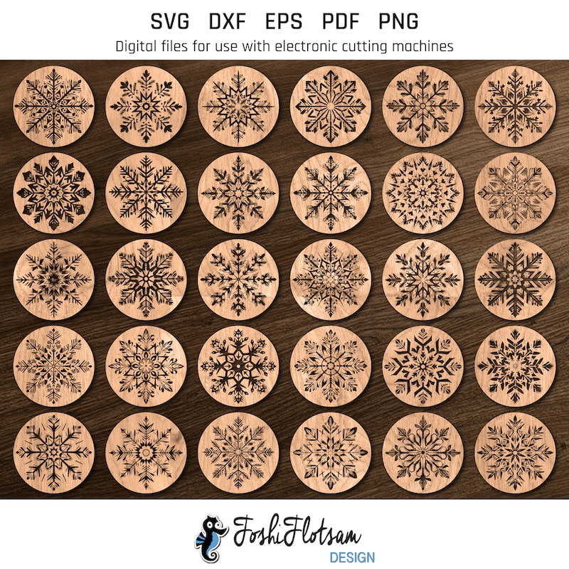 Coaster SVG - Christmas snowflake SVG coaster bundle image 7 All 30 Christmas snowflake coaster SVG designs shown on one page as digital, stylized coaster SVGs.