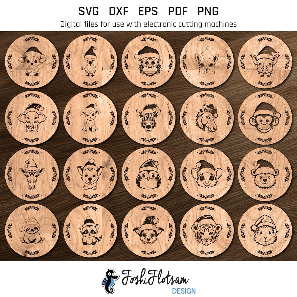 Coaster SVG - Christmas animal SVG coaster bundle image 5 All 20 Christmas animal coaster SVG designs shown on one page as digital, stylized coaster SVGs.