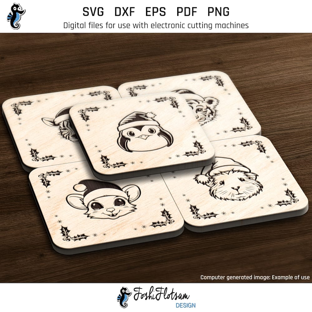 Coaster SVG - square Christmas animal SVG coaster bundle image 3 Third 5 of 20 square Christmas animal coasters included in this coaster SVG bundle.