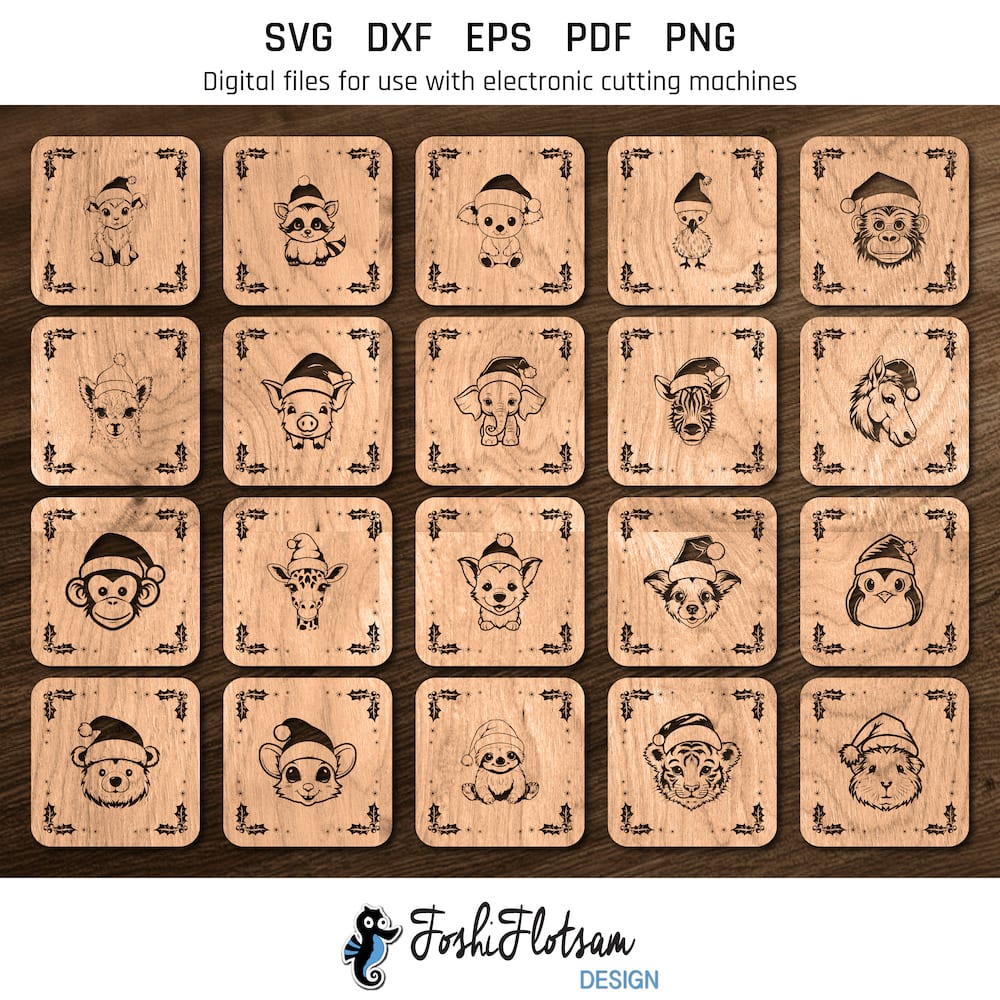 Coaster SVG - square Christmas animal SVG coaster bundle image 5 All 20 square Christmas animal coaster SVG designs shown on one page as digital, stylized coaster SVGs.
