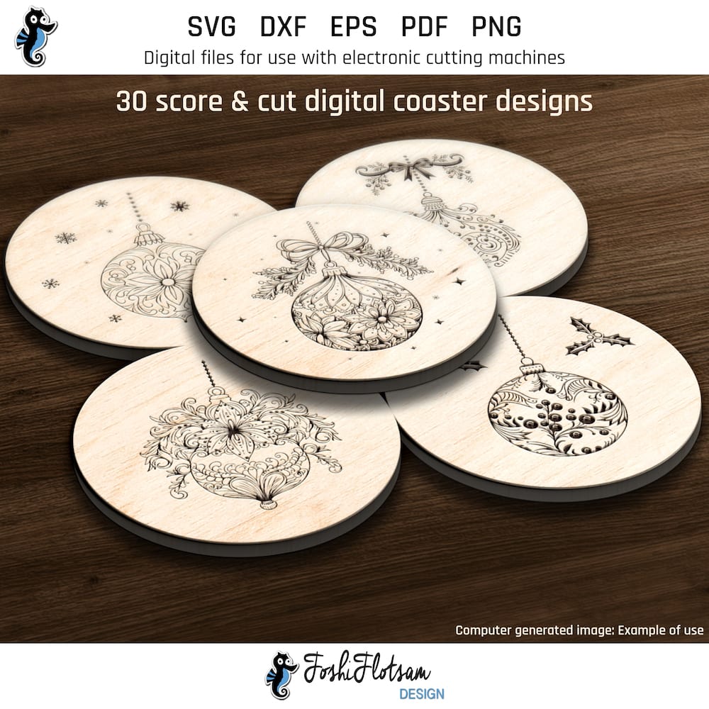 Coaster SVG - round Christmas ornament SVG coaster bundle image 1 First 5 of 30 round Christmas ornament coasters included in this coaster SVG bundle.