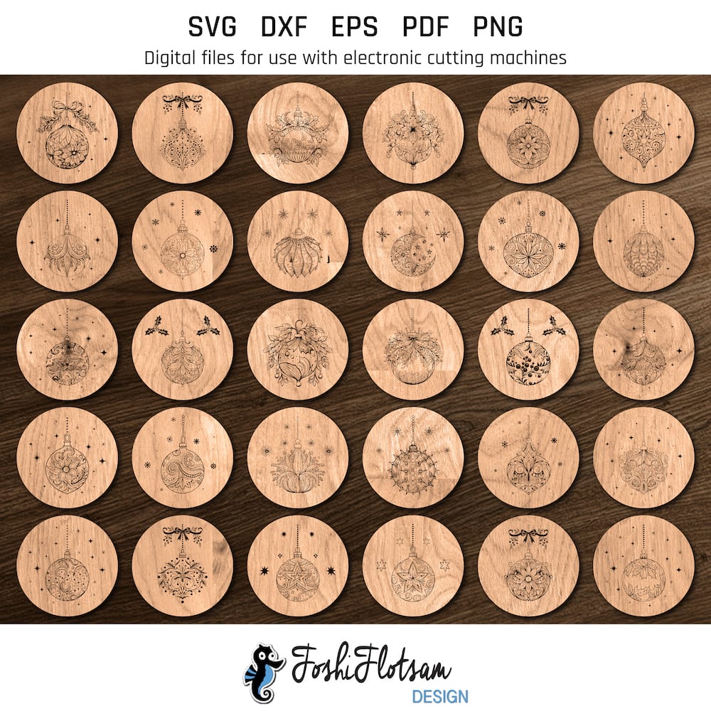 Coaster SVG - round Christmas ornament SVG coaster bundle image 7 All 30 round Christmas ornament coaster SVG designs shown on one page as digital, stylized coaster SVGs.