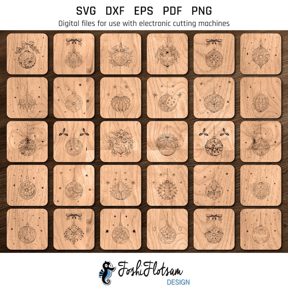 Coaster SVG - square Christmas ornament SVG coaster bundle image 7 All 30 square Christmas ornament coaster SVG designs shown on one page as digital, stylized coaster SVGs.