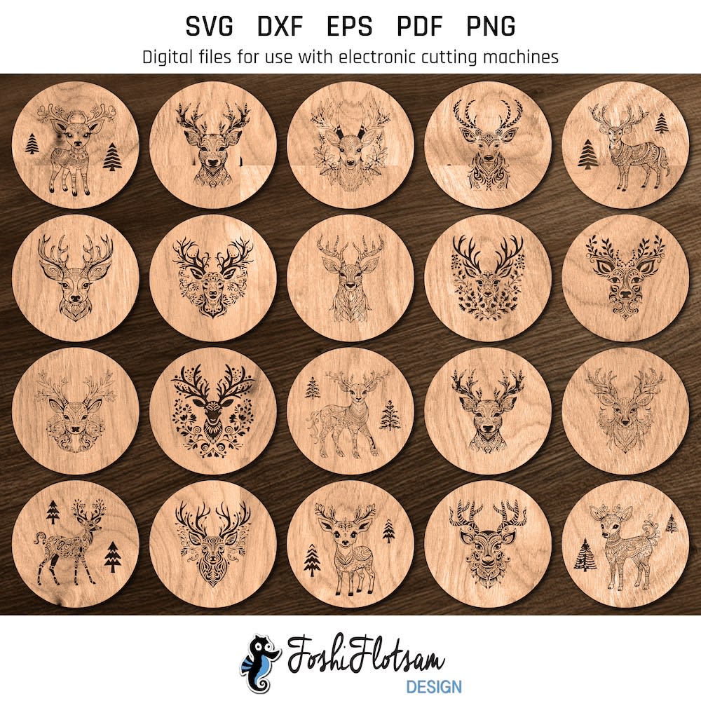 Coaster SVG - Christmas reindeer SVG coaster bundle image 5 All 20 Christmas reindeer coaster SVG designs shown on one page as digital, stylized coaster SVGs.