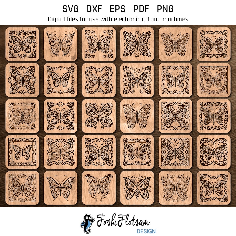 Coaster SVG - square butterfly SVG coaster bundle image 7 All 30 square butterfly coaster SVG designs shown on one page as digital, stylized coaster SVGs.
