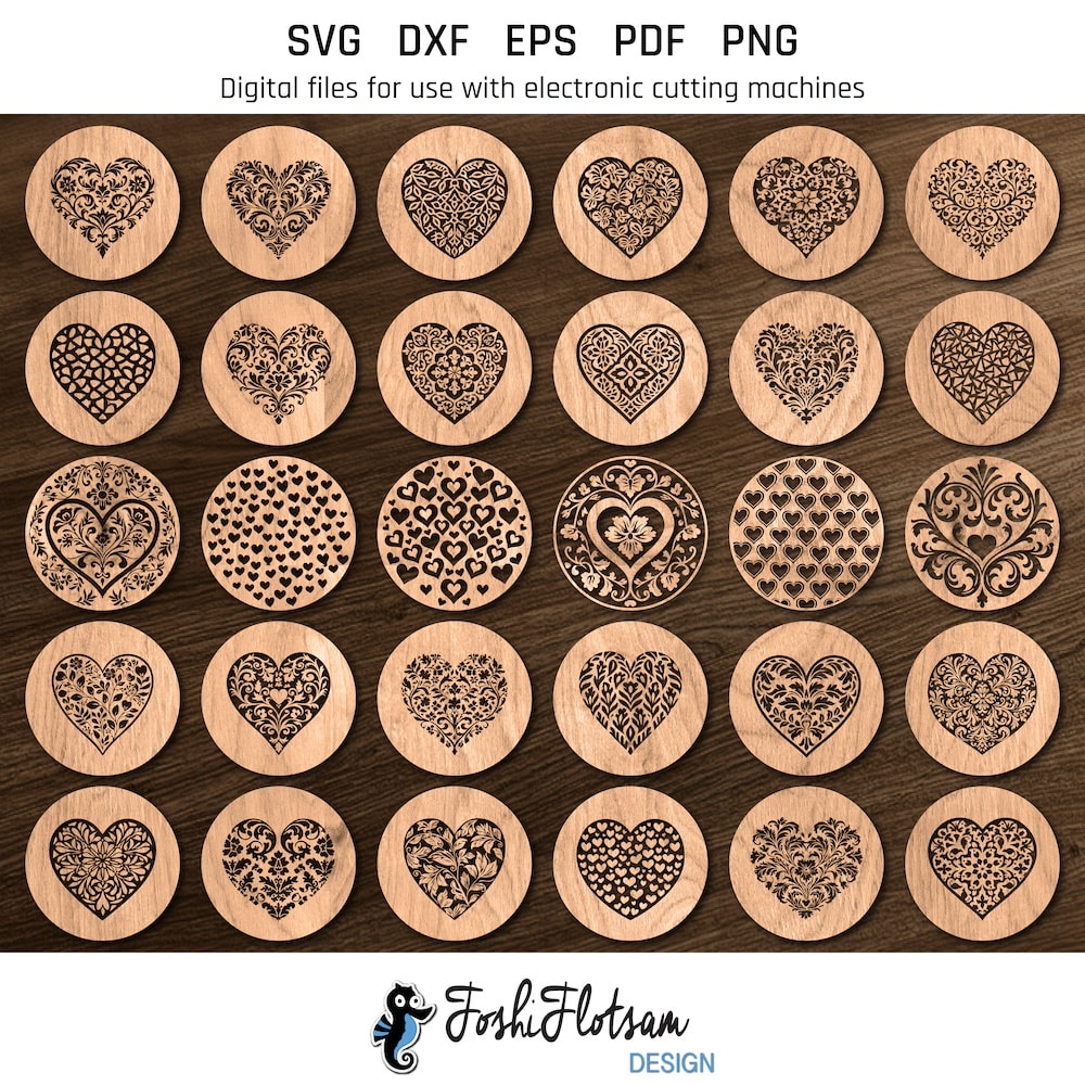 Coaster SVG - Heart SVG coaster bundle image 7 All 30 heart coaster SVG designs shown on one page as digital, stylized coaster SVGs.