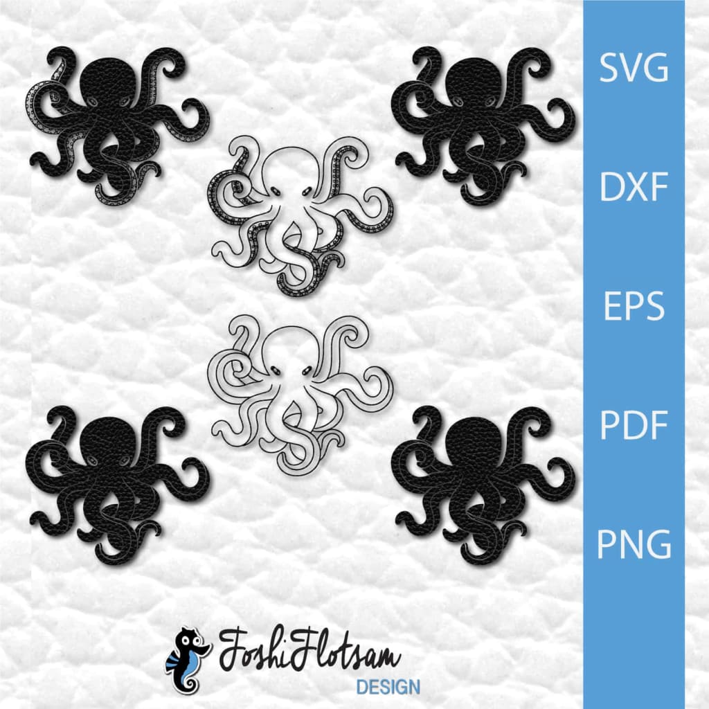6 octopus clipart SVG files, including a solid silhouette, and 5 additional variations.