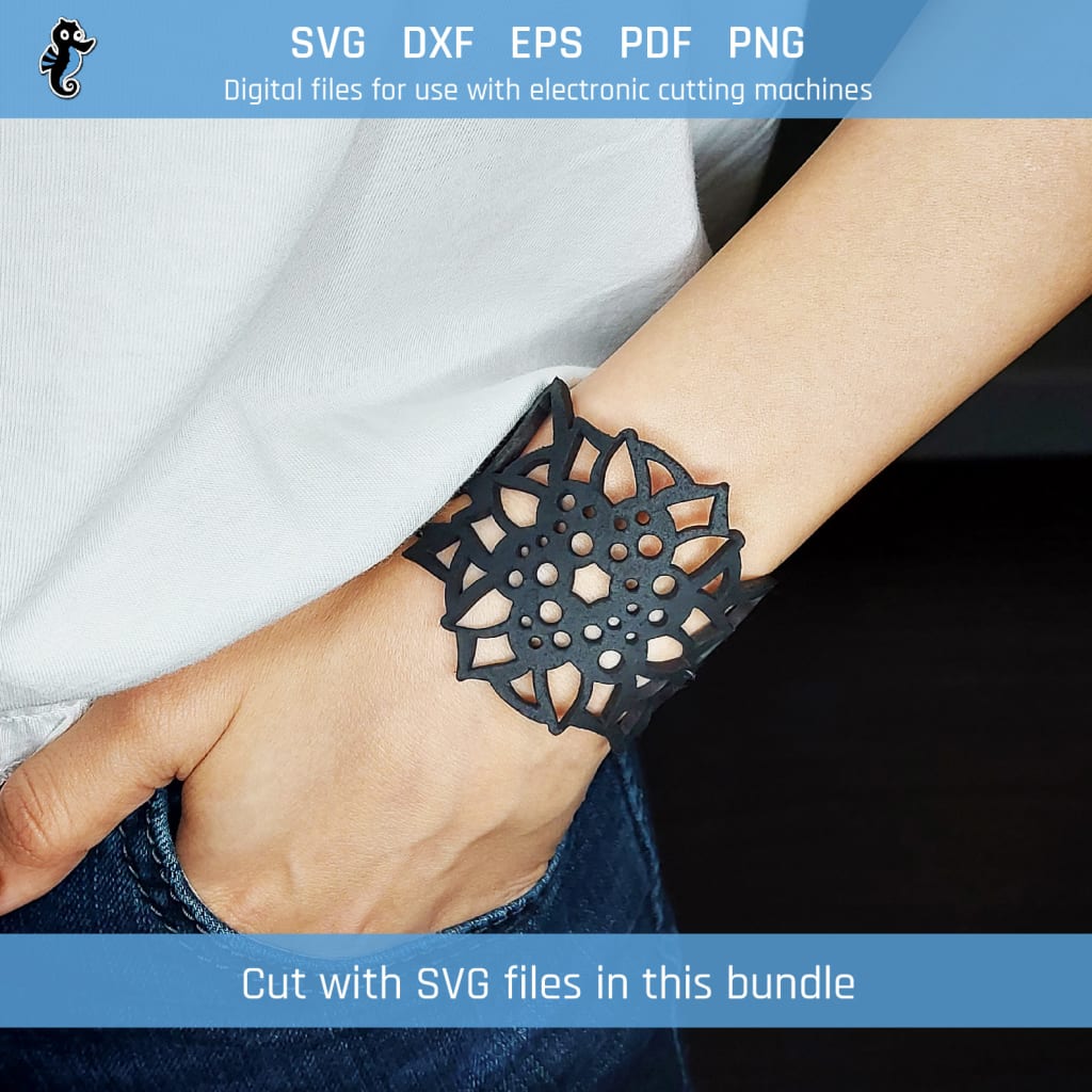 Flower Pattern SVG bracelet bundle demo 1 Example of leather bracelet cut from SVG design file in this bundle.