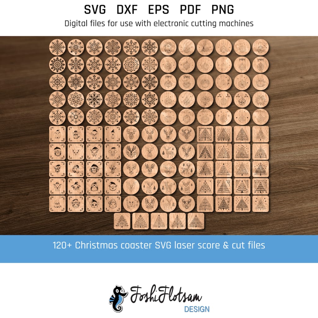 Coaster SVG - 125 Christmas coaster SVG bundle All 125 different coaster SVG cut files in 125 unique Christmas-themed laser-engrave designs against a wood background, including designs featuring snowflakes, Christmas trees, reindeer, Christmas ornaments, and Christmas animals.