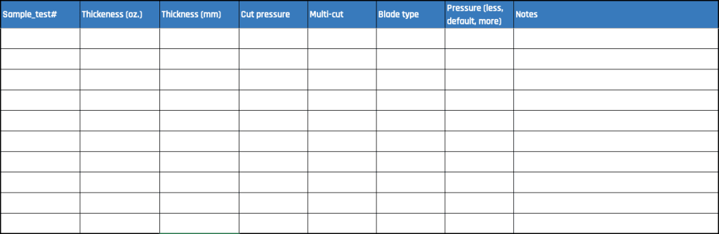 Template_Material testing spreadsheet Screenshot of spreadsheet for testing new materials on the Cricut.