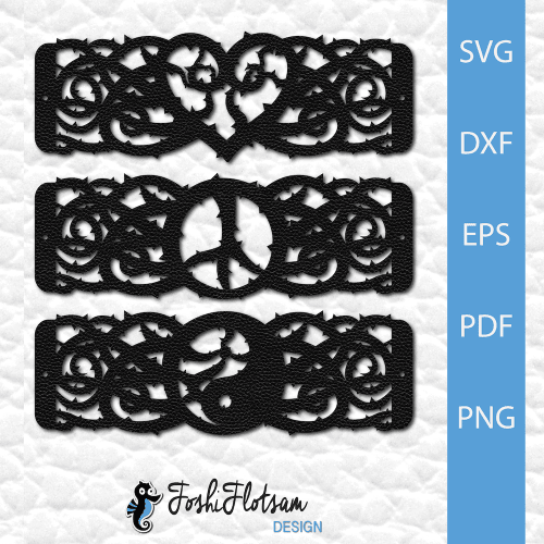 3 thorn bracelet SVG cut files with heart, peace sign, and yin yang symbol designs.