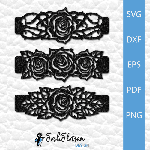 3 rose bracelet SVG cut file designs, including variations with thorns and leaves.