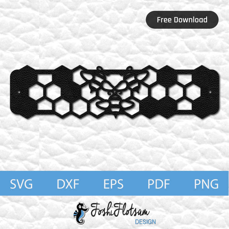 1 triple-bee free bracelet SVG cut file with three-bee and honeycomb pattern design.