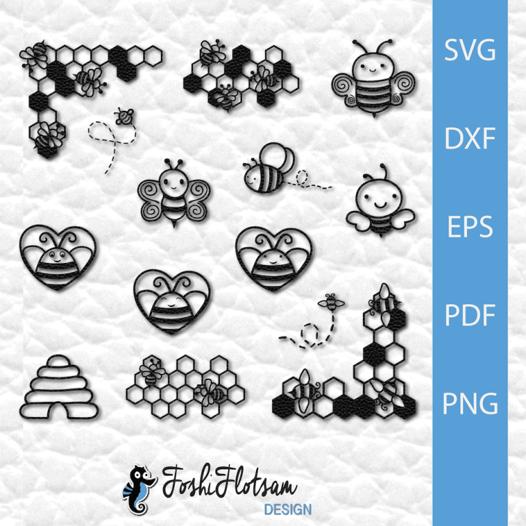 14 bumblebee clipart SVG files with bumblebee designs, including 3 bee in heart designs, honeycomb and bee page borders, flying bee with flight trail, and bee on honeycomb designs.