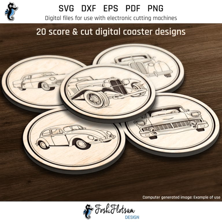 First 5 of 20 retro car coaster SVGs included in this coaster SVG bundle.