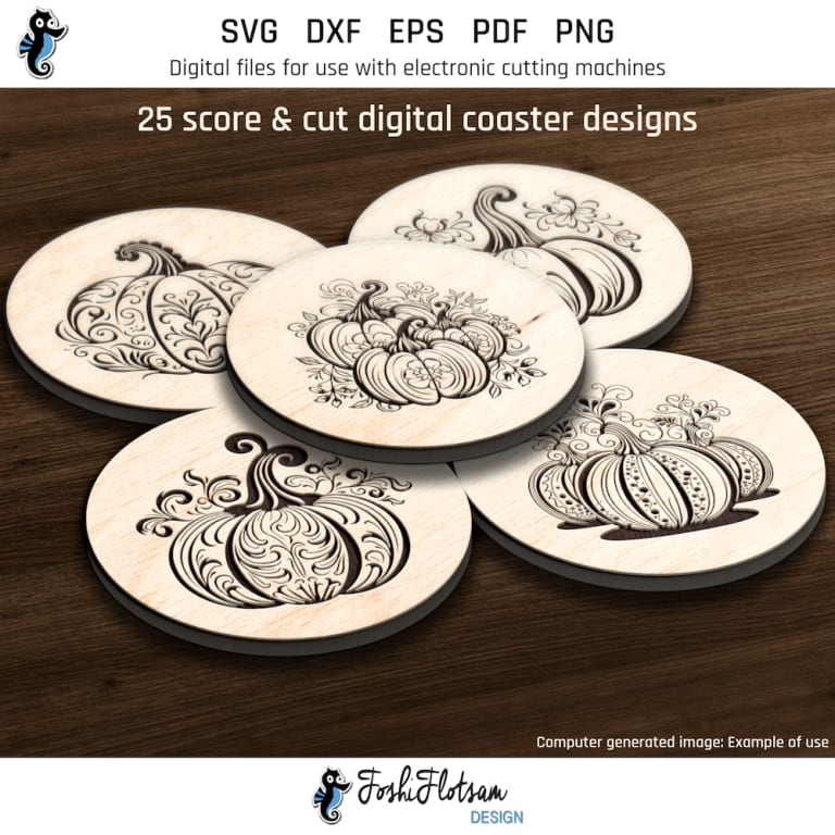 First 5 of 25 Halloween pumpkin coaster SVGs included in this coaster SVG bundle.