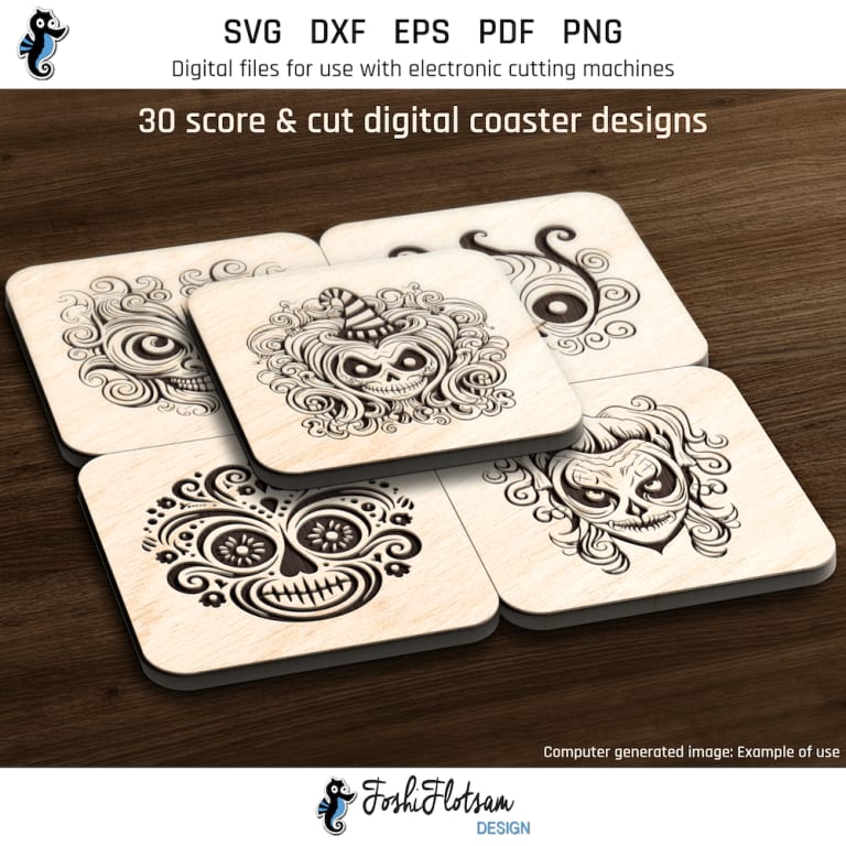 First 5 of 30 Halloween mask coasters included in this coaster SVG bundle.