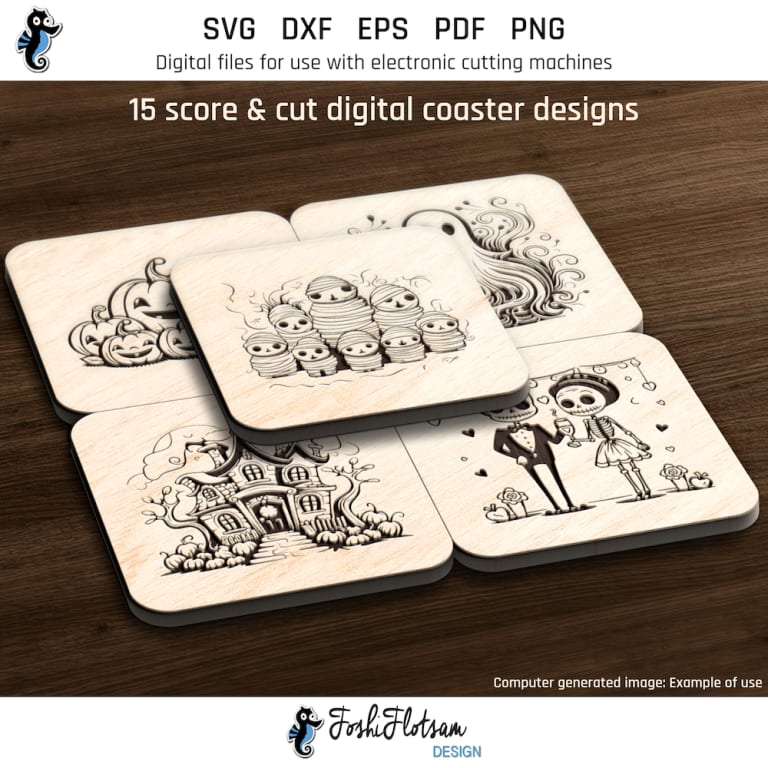 First 5 of 15 Halloween coasters included in this coaster SVG bundle.