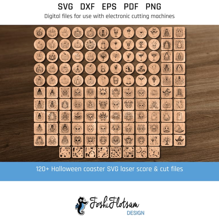 All 128 different coaster SVG cut files in 128 unique Halloween-themed laser-cut and laser-engrave designs against a wood background, including designs featuring ghosts, masks, Halloween cocktails, pumpkins, skeletons, and black cats.