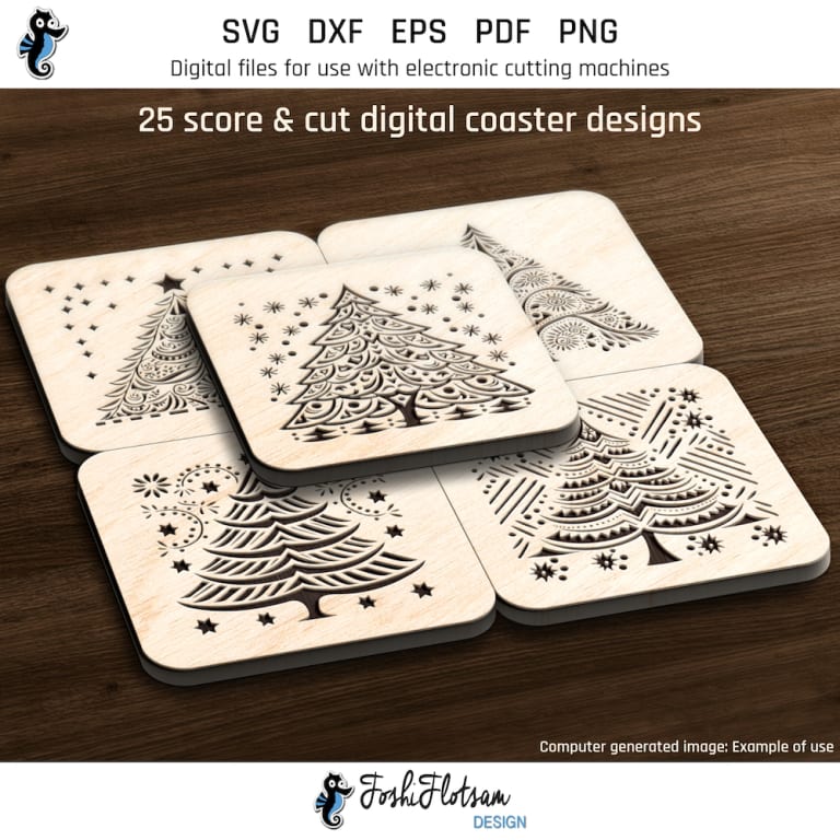 First 5 of 25 Christmas tree coasters included in this coaster SVG bundle.