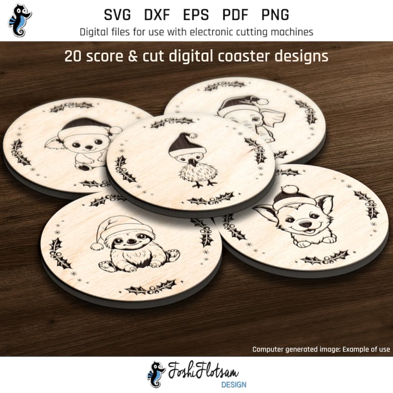 First 5 of 20 Christmas animal coasters included in this coaster SVG bundle.