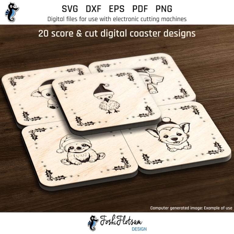 First 5 of 20 square Christmas animal coasters included in this coaster SVG bundle.