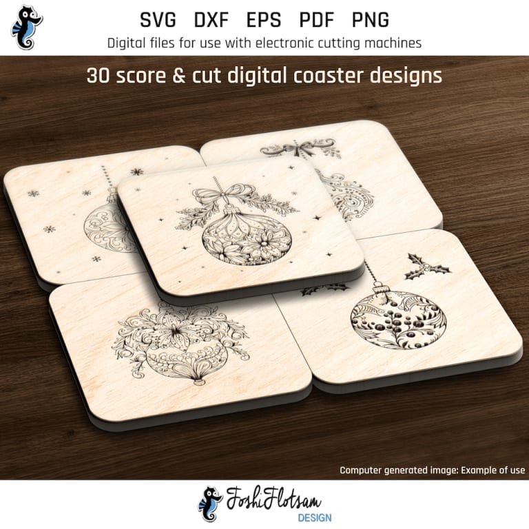 First 5 of 30 square Christmas ornament coasters included in this coaster SVG bundle.