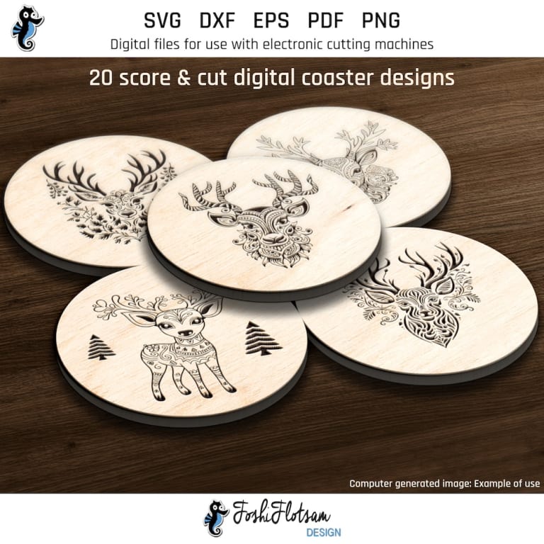 First 5 of 20 Christmas reindeer coasters included in this coaster SVG bundle.