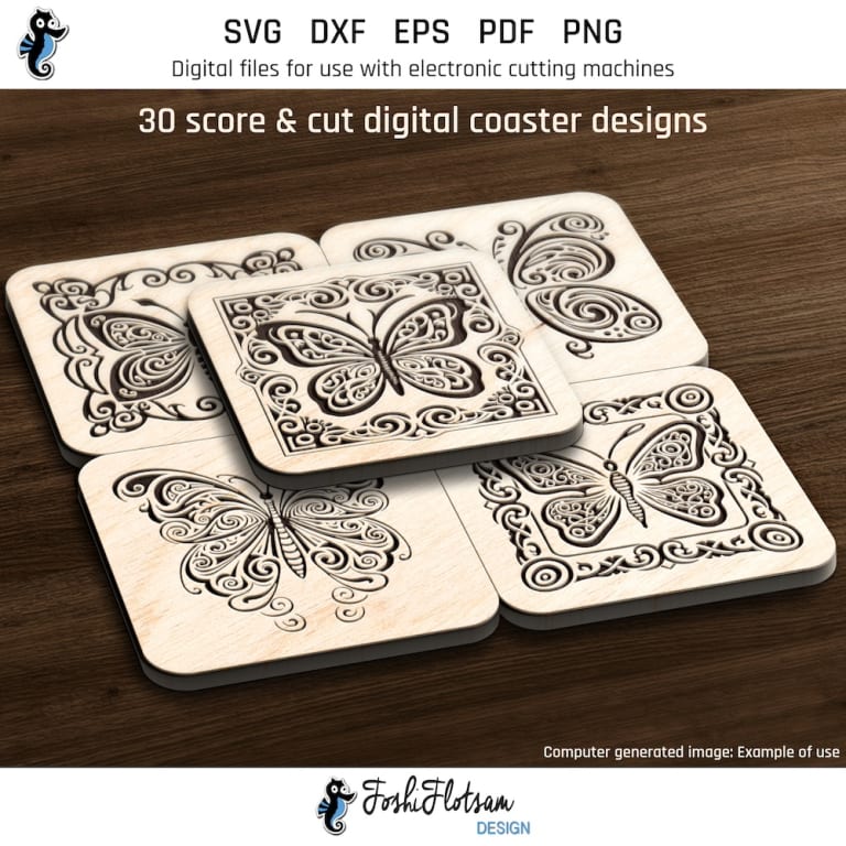 First 5 of 30 square butterfly coasters included in this coaster SVG bundle.