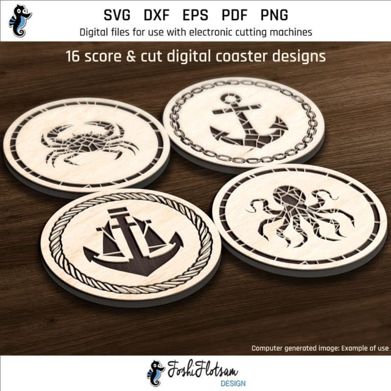 First 4 of 16 Nautical marine coasters included in this coaster SVG bundle.