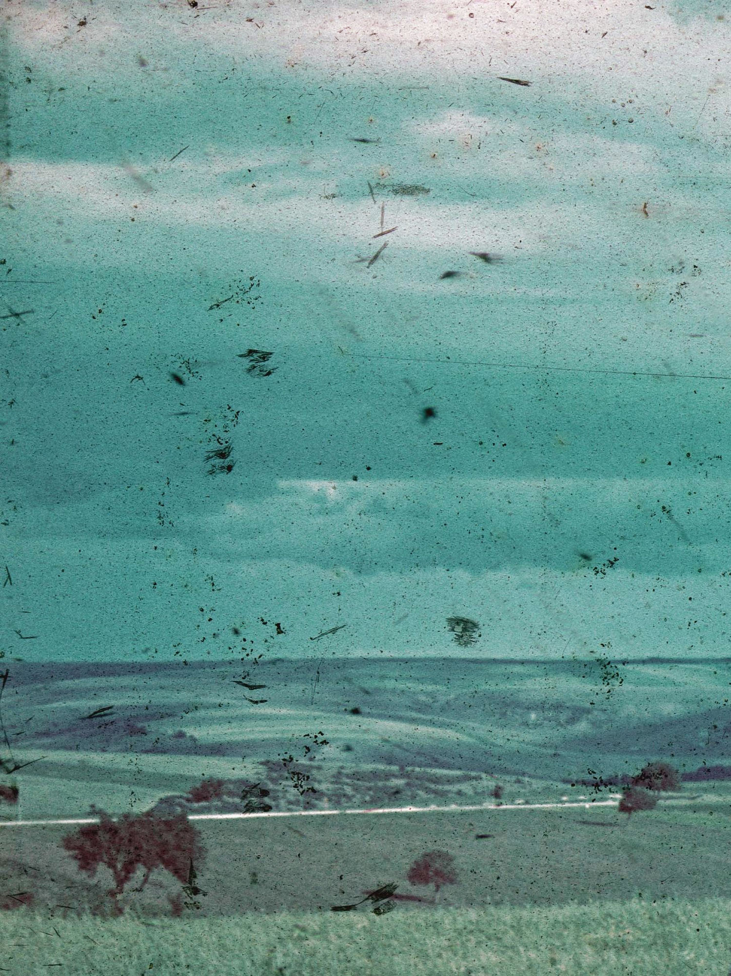 Enlarged detail from an Agfacolor photograph by Horst Grund, 1941. The petrol-green landscape composition emerges through enlargement, making color changes in the film into image-defining elements.