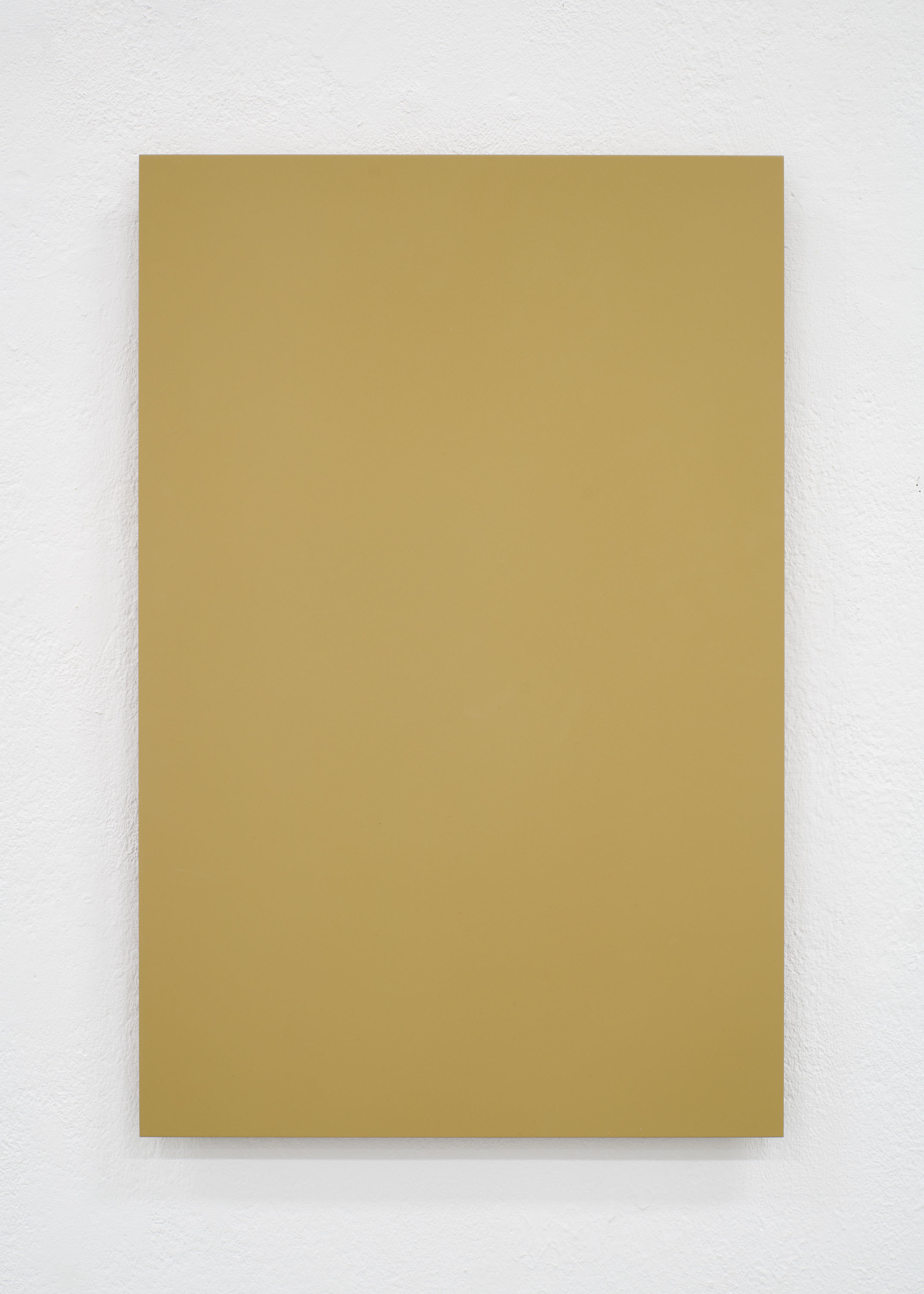 Artwork from the RAL series: Rectangular aluminum panel in Dark Yellow (sample version), mounted on white wall