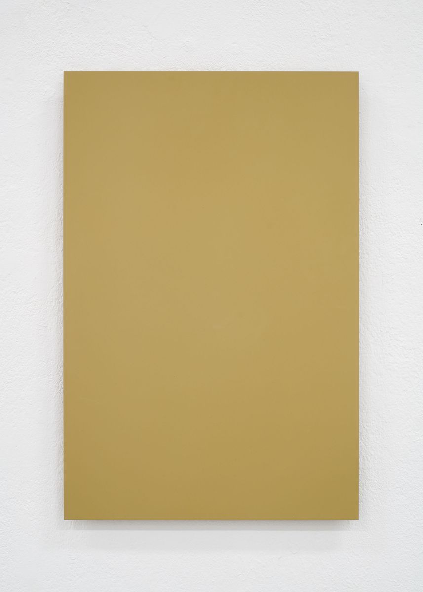 Laquer on aluminum titled 'Dark Yellow', 2017, from the series RAL