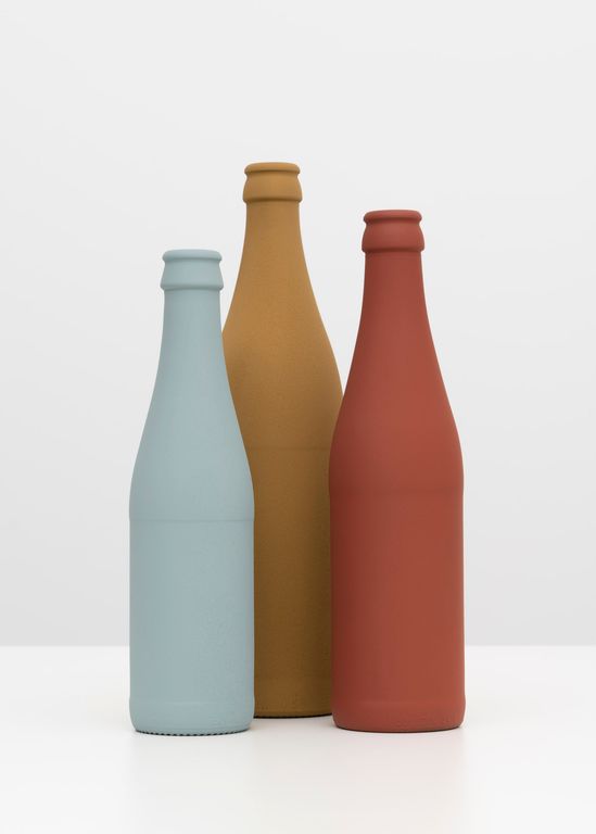 Pigment print titled 'Three Bottles in Vichy-shape (Light Blue, Yellow Brown, Red Brown)', 2023