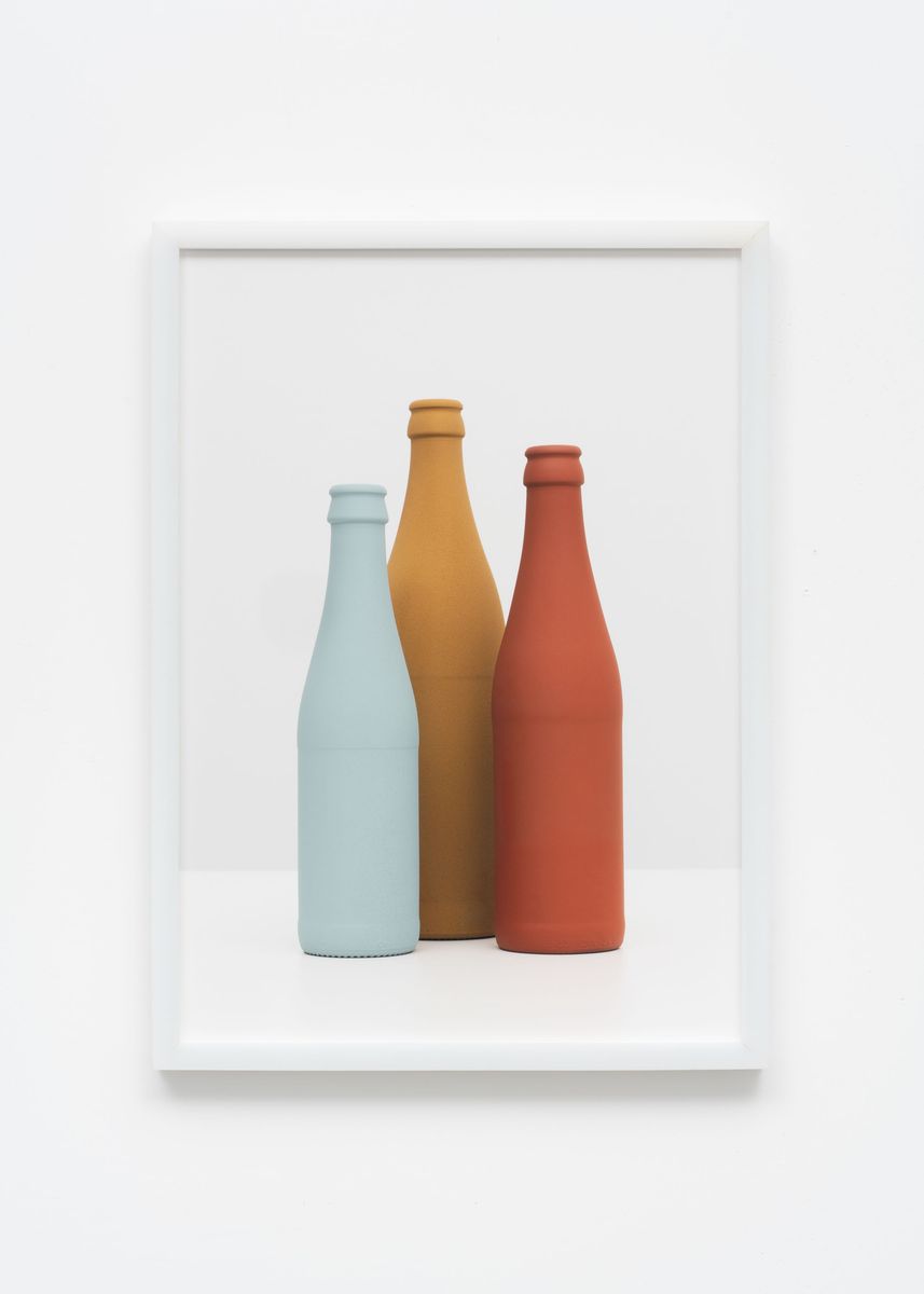 Three Bottles in Vichy-shape (Light Blue, Yellow Brown, Red Brown), 2023. Pigment print, 59 x 42 / 84 x 59 / 119 x 84 cm. From the series DIN. - Detail 1