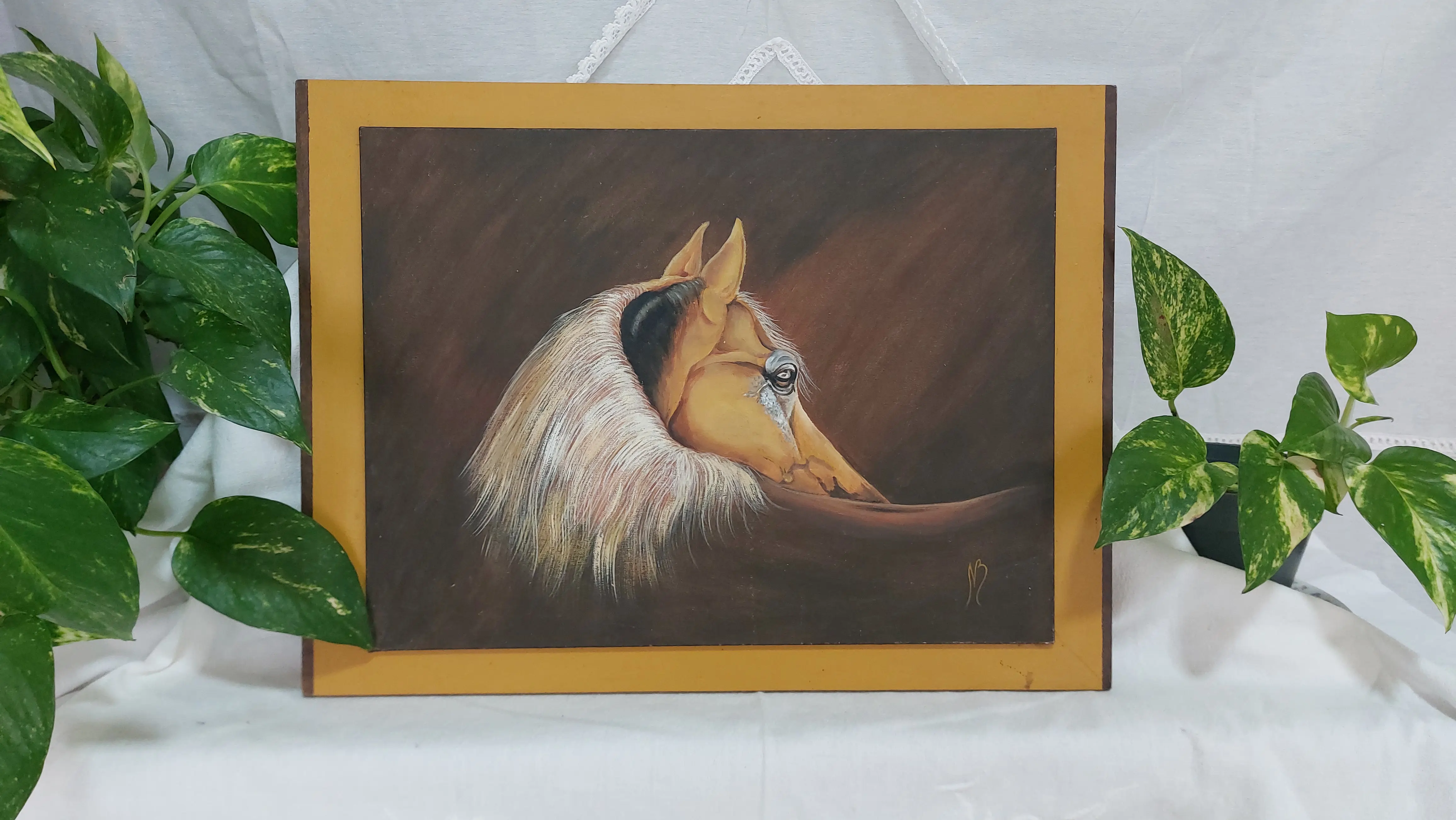 Cuadro  de caballo, tonos marrones, cálidos, acrílico sobre fibrofácil.