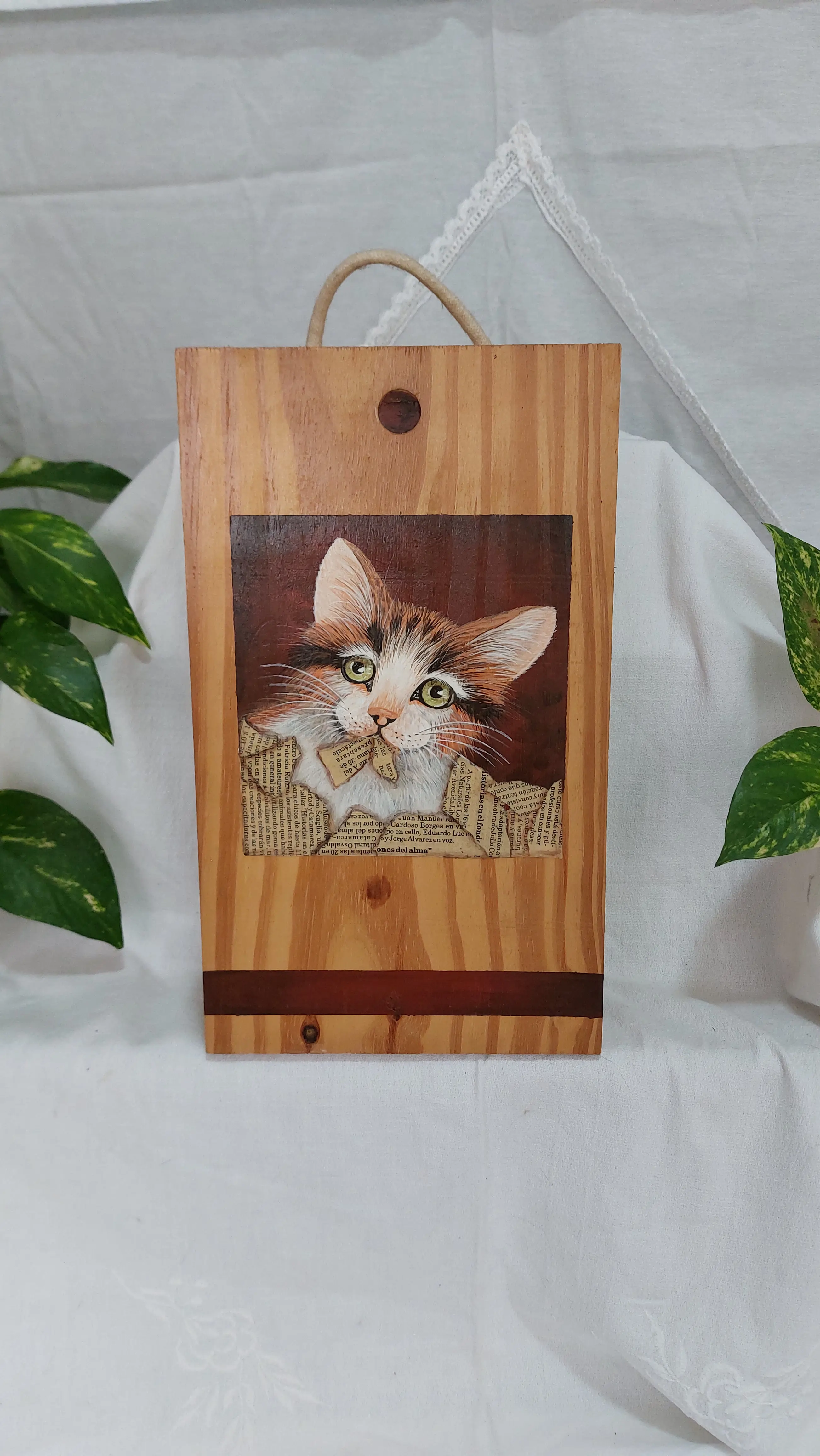 Caja de madera de vinos con gato pintado, convinado con decoupage