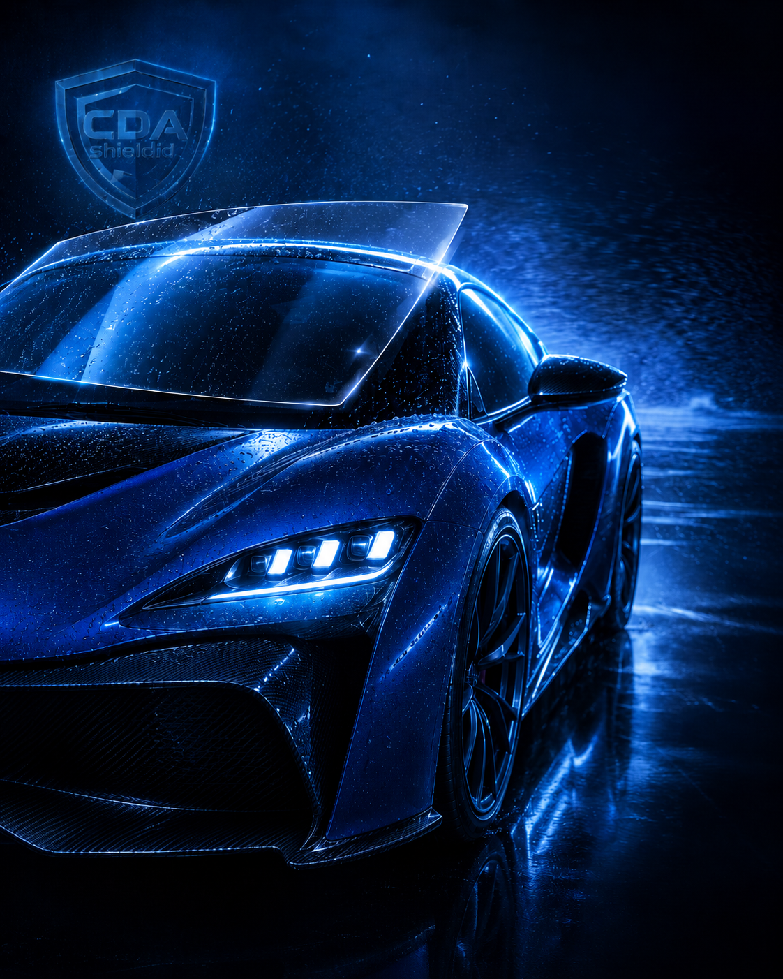 Blue performance car with front-end paint protection film effect and glowing CDA shield background for new vehicle PPF promotion.
