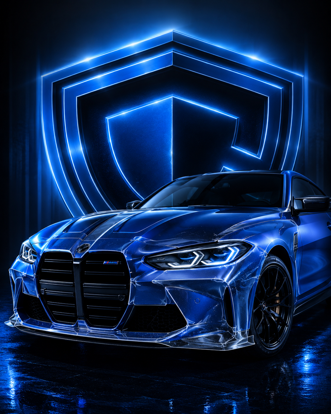 Blue luxury performance car with windshield protection film and CDA ShieldID background for CDA Auto Styling windshield defense promotion in Riverside and Upland.