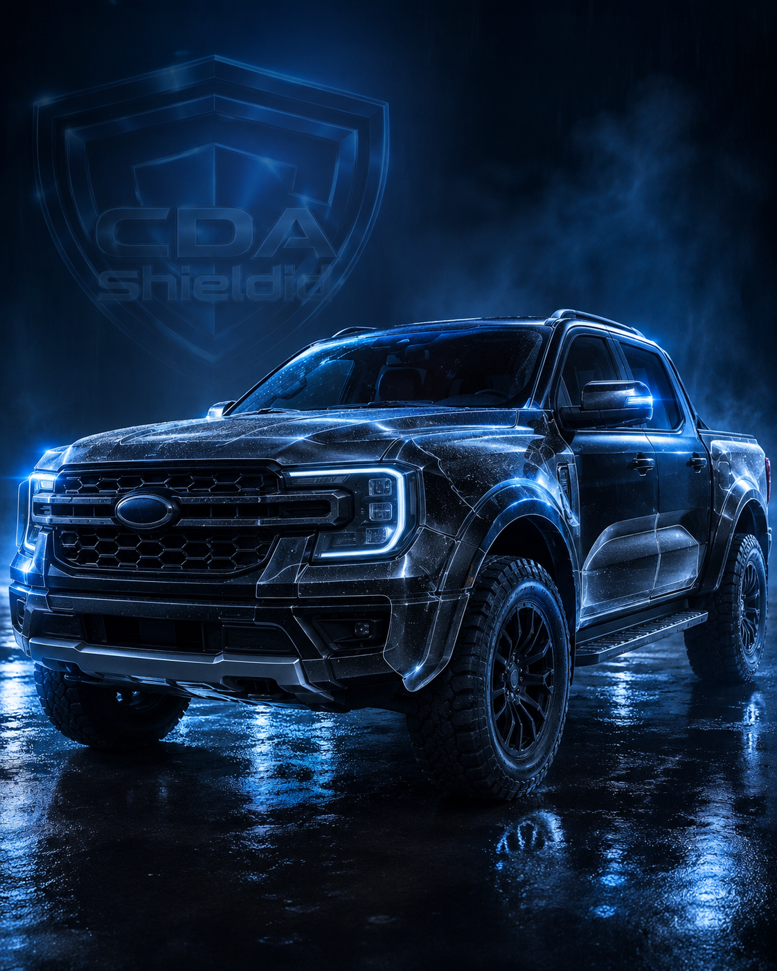 Dark premium truck with full body paint protection film effect and CDA ShieldID background for truck and SUV PPF promotion.
