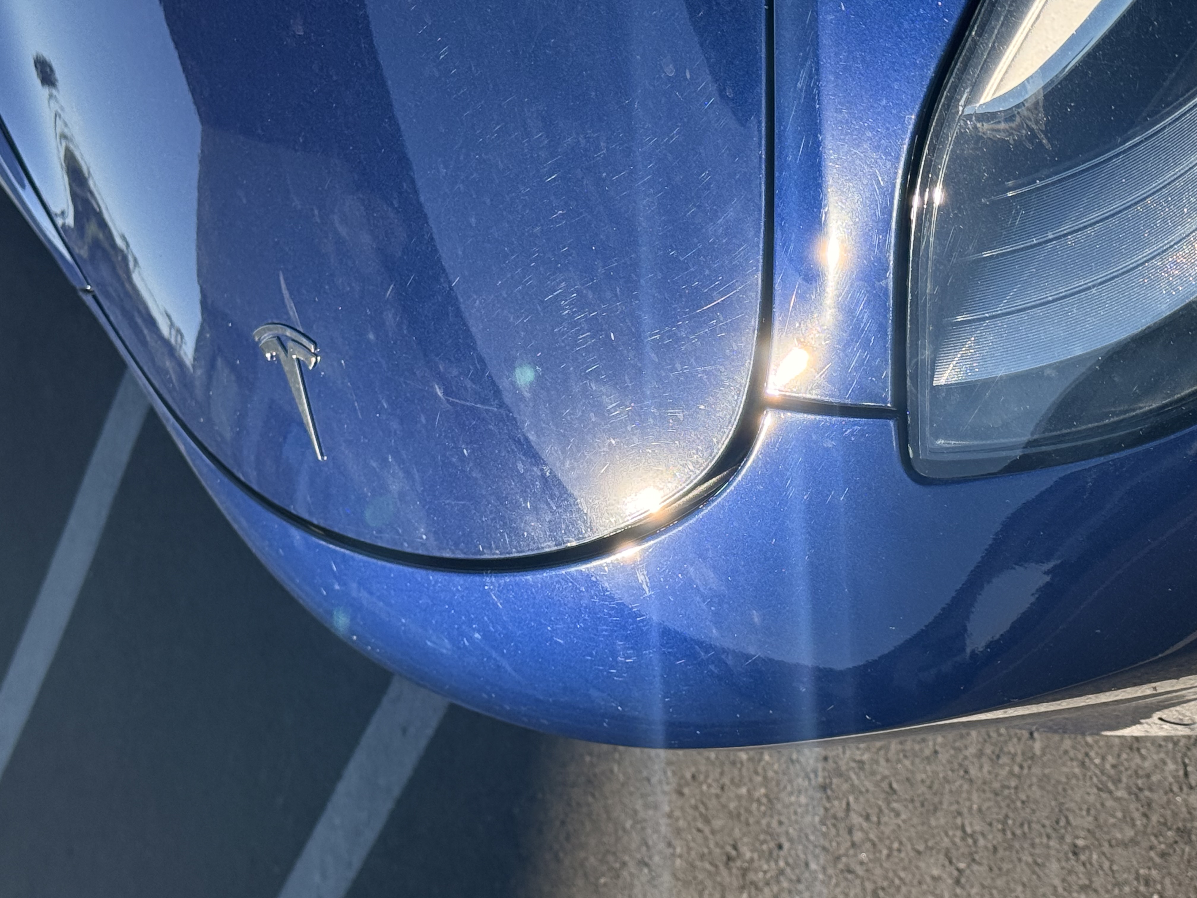 Close up Tesla road debris damage before paint protection film