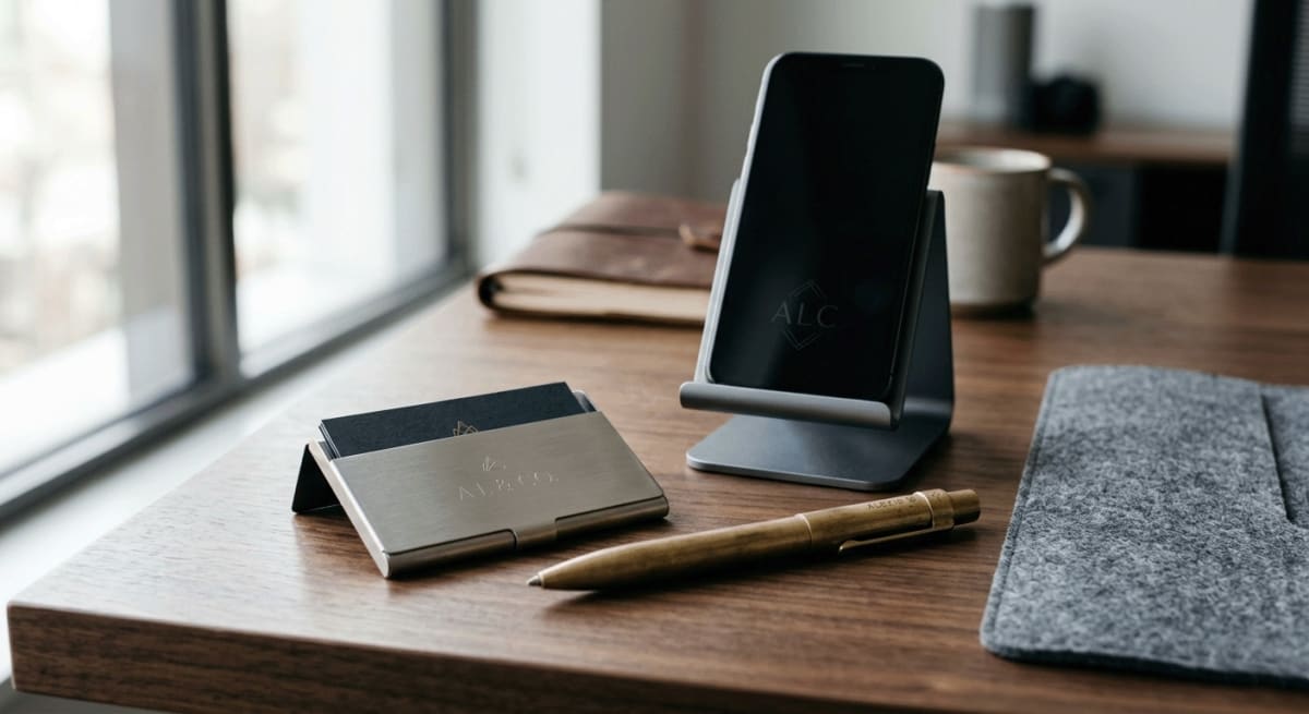 Premium metal corporate gift set with subtle tone-on-tone laser engraved branding on an executive desk